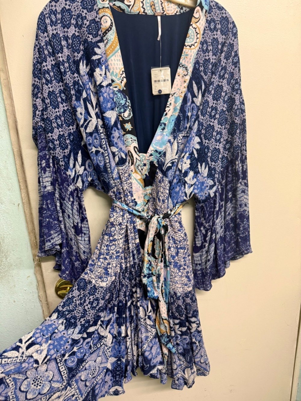 Free People Blue Bohemian Style Dress with Silk Floral Waist Tie | NWT - Picture 6 of 7
